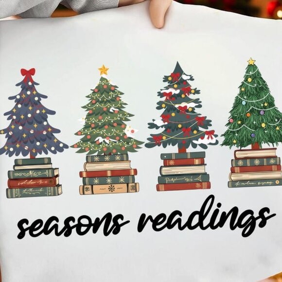 Book Lover Christmas Graphics Tee, Cozy Holiday Reading Tree Tee - Picture 2 of 4